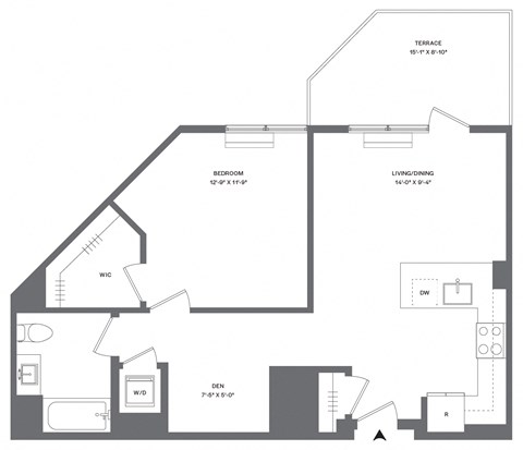 Floor plan for 1 bed, 1 bath, 764 sqft
